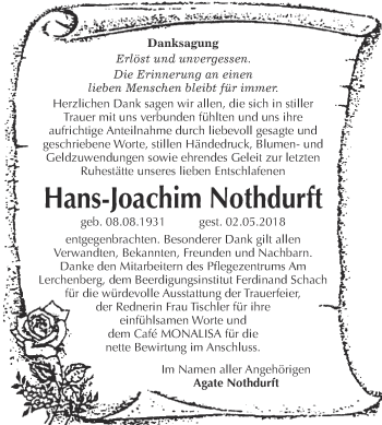 Traueranzeige von Hans-Joachim Nothdurft von WVG - Wochenspiegel Wittenberg