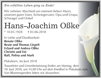 Traueranzeige von Hans-Joachim Oßke von Mitteldeutsche Zeitung