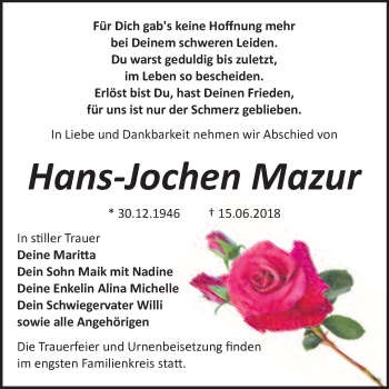 Traueranzeige von Hans-Jochen Mazur von WVG - Wochenspiegel Bitterfeld