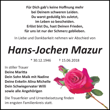 Traueranzeige von Hans-Jochen Mazur von Mitteldeutsche Zeitung Bitterfeld