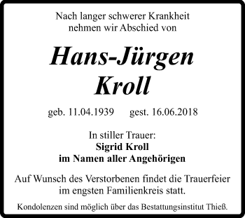 Traueranzeige von Hans-Jürgen Kroll von Mitteldeutsche Zeitung Quedlinburg