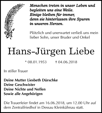 Traueranzeige von Hans-Jürgen Liebe von Mitteldeutsche Zeitung Dessau-Roßlau