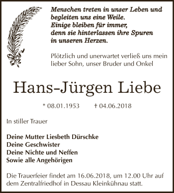 Traueranzeige von Hans-Jürgen Liebe von WVG - Wochenspiegel Dessau / Köthen