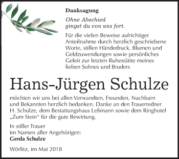 Traueranzeige von Hans-Jürgen Schulze von Mitteldeutsche Zeitung