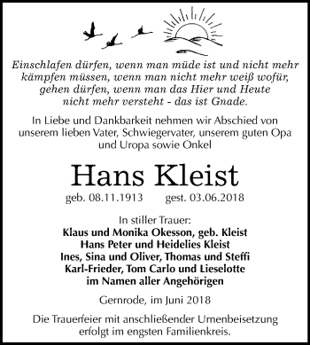 Traueranzeige von Hans Kleist von Mitteldeutsche Zeitung