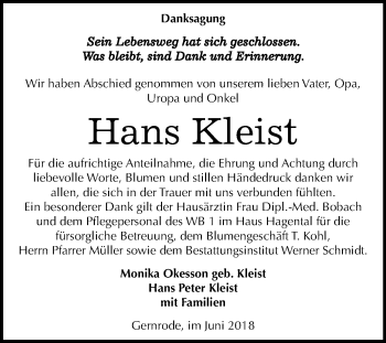 Traueranzeige von Hans Kleist von Mitteldeutsche Zeitung