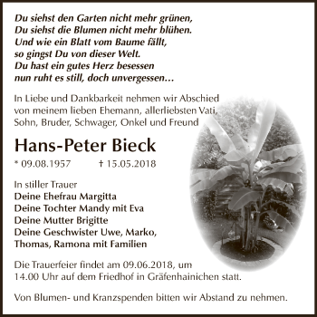Traueranzeige von Hans-Peter Bieck von WVG - Wochenspiegel Dessau / Köthen