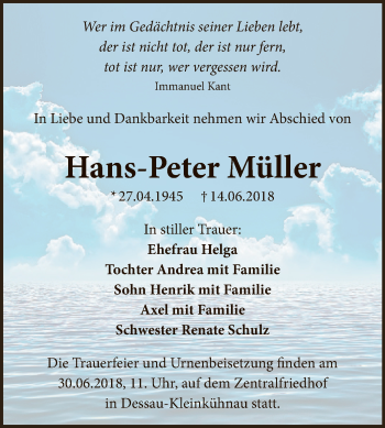 Traueranzeige von Hans-Peter Müller von WVG - Wochenspiegel Dessau / Köthen