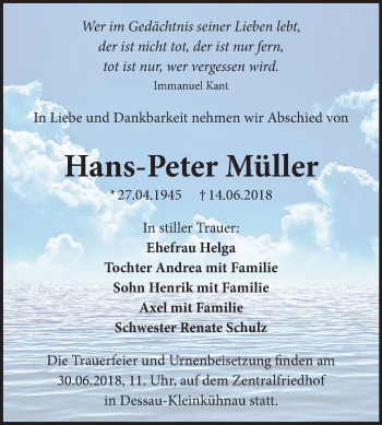 Traueranzeige von Hans-Peter Müller von Mitteldeutsche Zeitung Dessau-Roßlau
