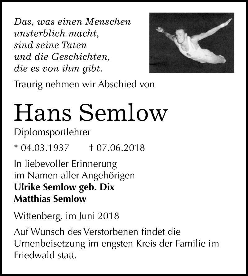  Traueranzeige für Hans Semlow vom 16.06.2018 aus Mitteldeutsche Zeitung