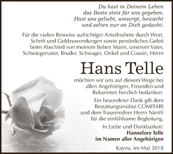 Traueranzeige von Hans Telle von Super Sonntag Zeitz