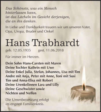 Traueranzeige von Hans Trabhardt von WVG - Wochenspiegel Bitterfeld