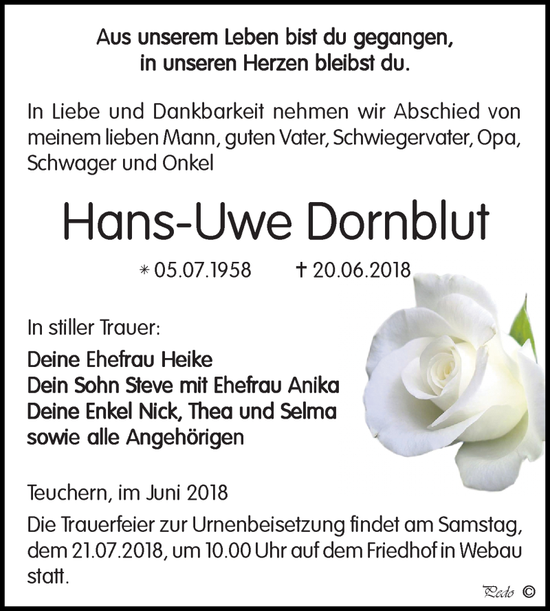 Traueranzeige für Hans-Uwe Dornblut vom 30.06.2018 aus Mitteldeutsche Zeitung Weißenfels