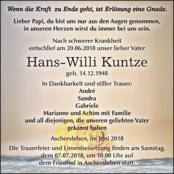 Traueranzeige von Hans-Willi Kuntze von Mitteldeutsche Zeitung Aschersleben