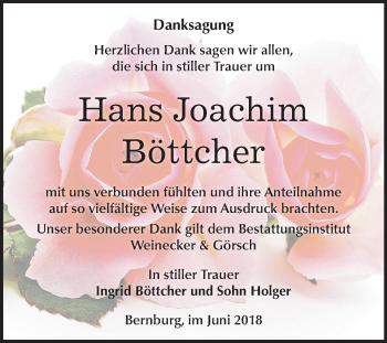 Traueranzeige von Hans Joachim Böttcher von Mitteldeutsche Zeitung Bernburg