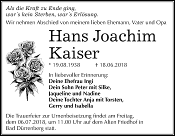 Traueranzeige von Hans Joachim Kaiser von Mitteldeutsche Zeitung Merseburg/Querfurt