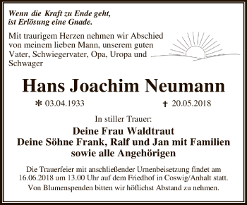 Traueranzeige von Hans Joachim Neumann von WVG - Wochenspiegel Dessau / Köthen