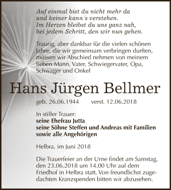 Traueranzeige von Hans Jürgen Bellmer von Wochenspiegel Mansfelder Land
