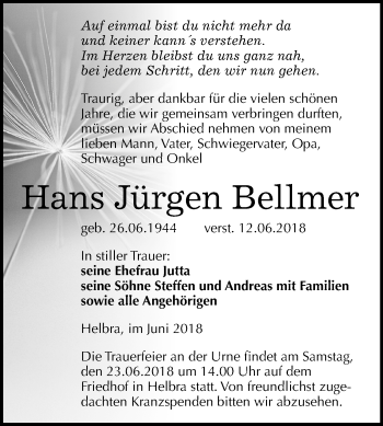 Traueranzeige von Hans Jürgen Bellmer von Mitteldeutsche Zeitung Sangerhausen