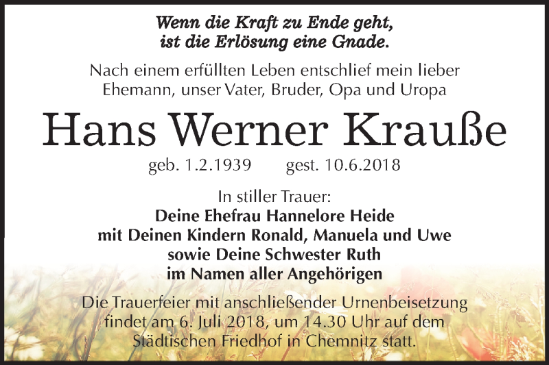  Traueranzeige für Hans Werner Krauße vom 30.06.2018 aus Mitteldeutsche Zeitung Halle/Saalkreis