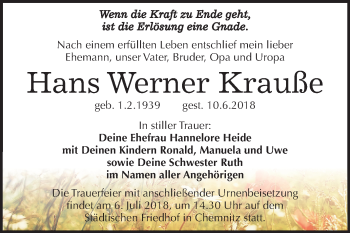 Traueranzeige von Hans Werner Krauße von Mitteldeutsche Zeitung Halle/Saalkreis