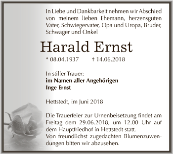 Traueranzeige von Harald Ernst von Super Sonntag SGH Mansf. Land