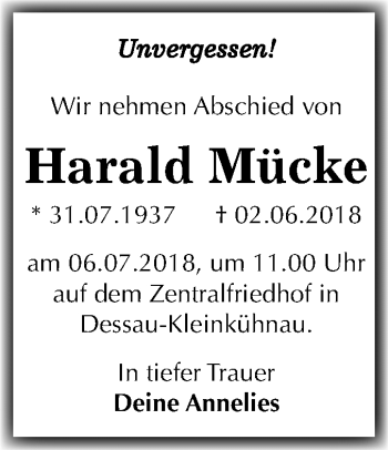 Traueranzeige von Harald Mücke von Mitteldeutsche Zeitung