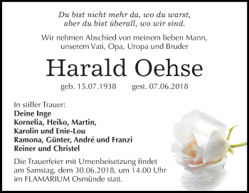 Traueranzeige von Harald Oehse von Mitteldeutsche Zeitung Halle/Saalkreis