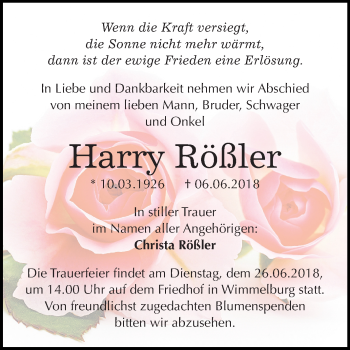 Traueranzeige von Harry Rößler von Mitteldeutsche Zeitung