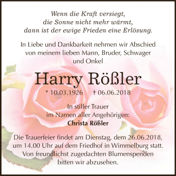 Traueranzeige von Harry Rößler von Super Sonntag SGH Mansf. Land