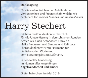 Traueranzeige von Harry Stechert von WVG - Wochenspiegel Wittenberg