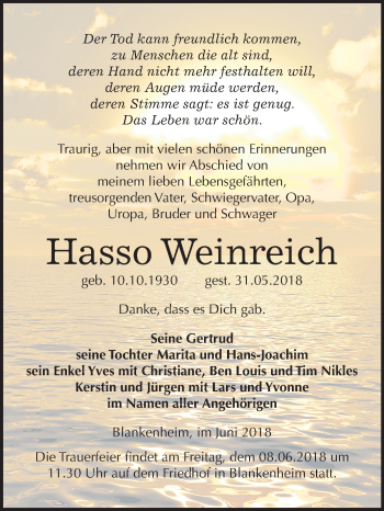 Traueranzeige von Hasso Weinreich von Mitteldeutsche Zeitung Sangerhausen