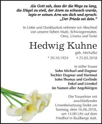 Traueranzeige von Hedwig Kuhne von Mitteldeutsche Zeitung Bernburg