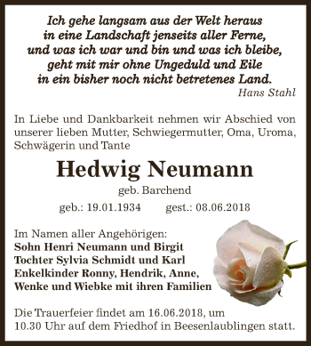 Traueranzeige von Hedwig Neumann von Super Sonntag Bernburg