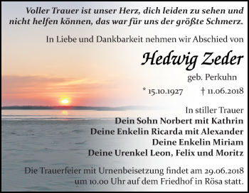Traueranzeige von Hedwig Zeder von Mitteldeutsche Zeitung Bitterfeld