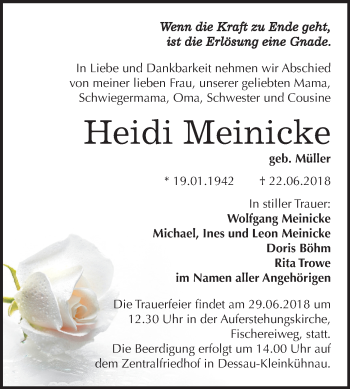 Traueranzeige von Heidi Meinicke von Mitteldeutsche Zeitung Dessau-Roßlau