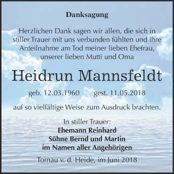 Traueranzeige von Heidrun Mannsfeldt von WVG - Wochenspiegel Bitterfeld