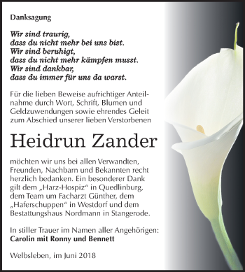 Traueranzeige von Heidrun Zander von Mitteldeutsche Zeitung Aschersleben