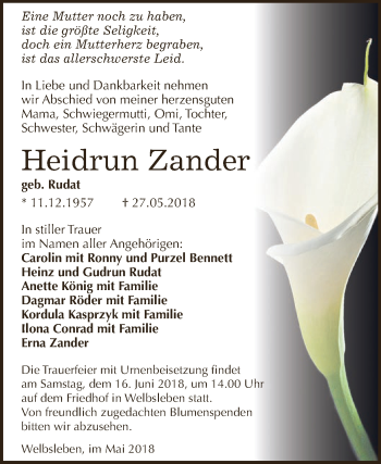 Traueranzeige von Heidrun Zander von Super Sonntag Aschersleben