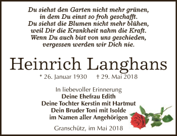 Traueranzeige von Heinrich Langhans von WVG - Wochenspiegel NMB / WSF / ZTZ