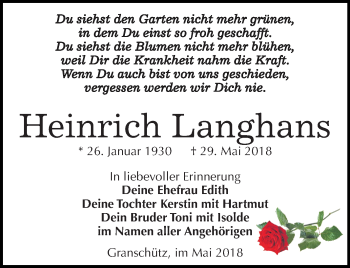 Traueranzeige von Heinrich Langhans von Mitteldeutsche Zeitung Weißenfels