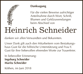 Traueranzeige von Heinrich Schneider von WVG - Wochenspiegel Dessau / Köthen