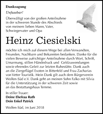 Traueranzeige von Heinz Ciesielski von Mitteldeutsche Zeitung Bitterfeld
