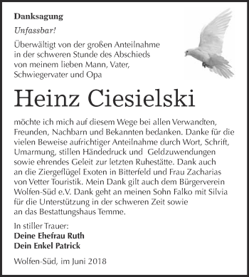 Traueranzeige von Heinz Ciesielski von WVG - Wochenspiegel Bitterfeld