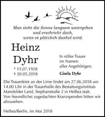 Traueranzeige von Heinz Dyhr von Mitteldeutsche Zeitung
