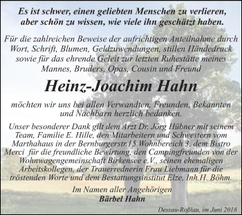 Traueranzeige von Heinz-Joachim Hahn von Mitteldeutsche Zeitung Dessau-Roßlau