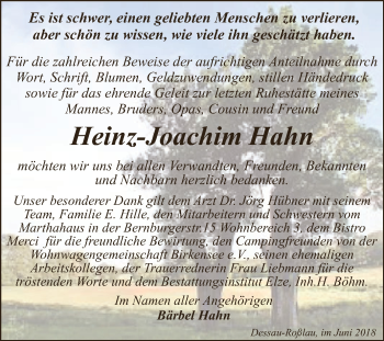 Traueranzeige von Heinz-Joachim Hahn von WVG - Wochenspiegel Dessau / Köthen