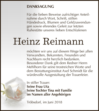 Traueranzeige von Heinz Reimann von WVG - Wochenspiegel NMB / WSF / ZTZ
