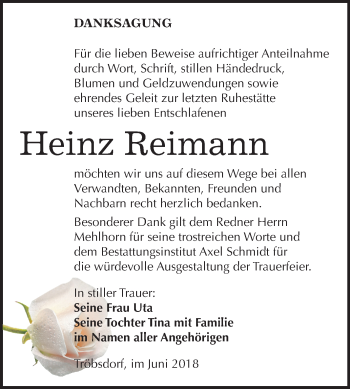 Traueranzeige von Heinz Reimann von Mitteldeutsche Zeitung