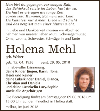 Traueranzeige von Helena Mehl von Wochenspiegel Mansfelder Land